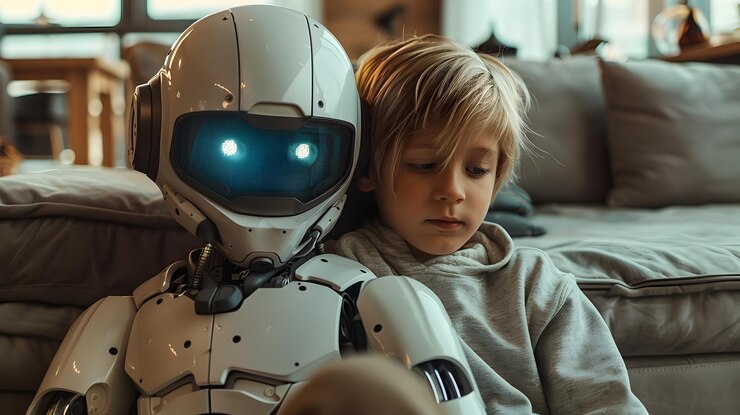 Foto un cautivador compañero robótico involucrando a un niño curioso en su ambiente íntimo y vibrante