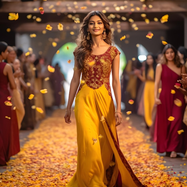 Foto un cautivador desfile de modas de diwali con modelos con exquisitos atuendos tradicionales y contemporáneos.