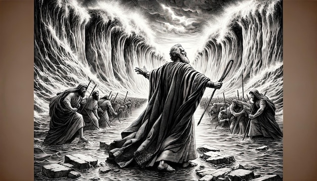 Un cautivador dibujo con tinta de Moisés dividiendo el Mar Rojo de manera dramática