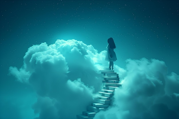 Un cautivador paisaje de ensueño que retrata a una joven subiendo una escalera de libros en una nube tranquila