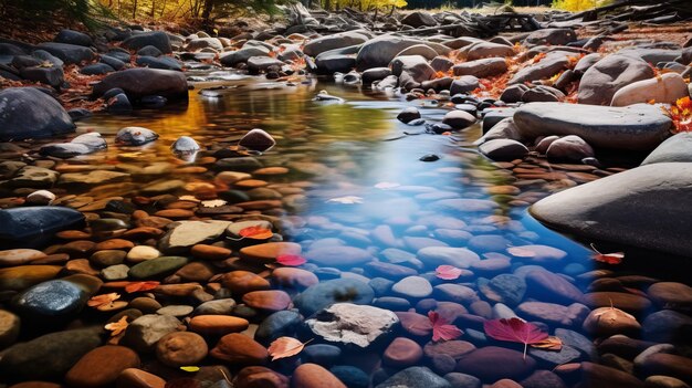 Un cautivador paisaje fluvial con rocas y hojas relucientes