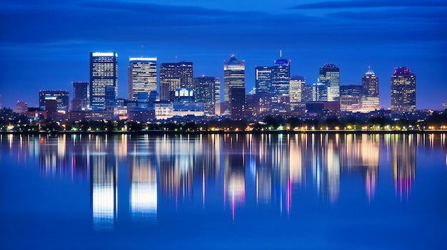 Un cautivador paisaje urbano iluminado reflejado en el agua durante la tranquila hora azul del crepúsculo