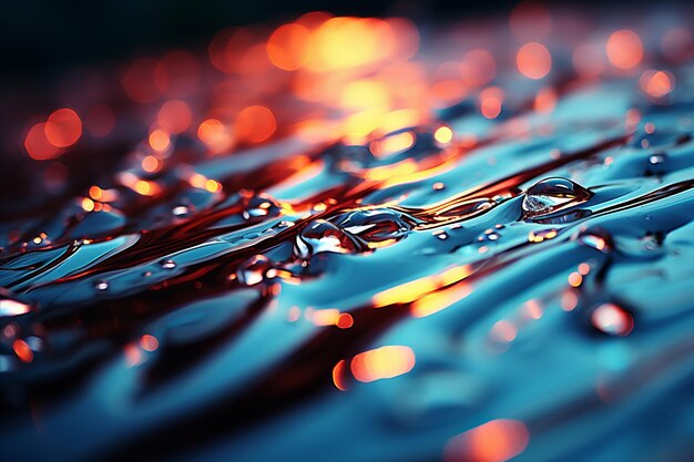 Un cautivador primer plano de gotas de agua relucientes con una suave y encantadora luz multicolor