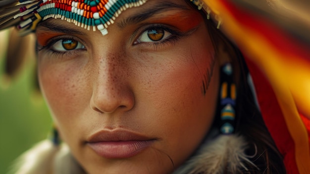 Un cautivador primer plano que captura la mirada real y orgullosa de una mujer nativa americana