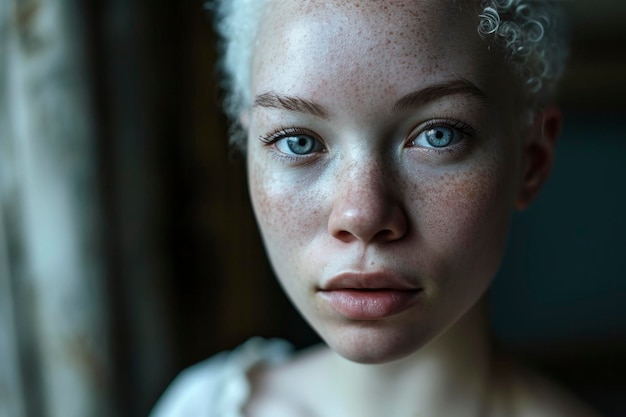 En este cautivador retrato la impresionante mujer albina afroamericana exuda una belleza única