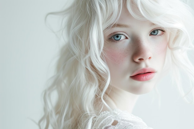 El cautivador retrato de una muchacha pálida sobre un fondo blanco