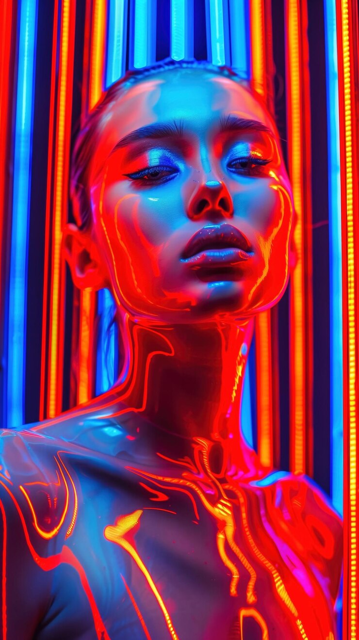 El cautivador retrato de una mujer de piel clara y brillante con una brillante iluminación de neón