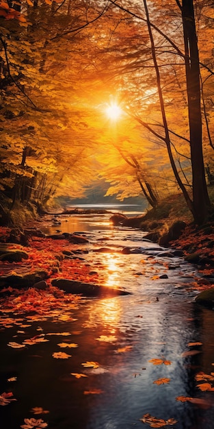 El cautivador río de otoño la belleza serena en naranja oscuro y oro claro