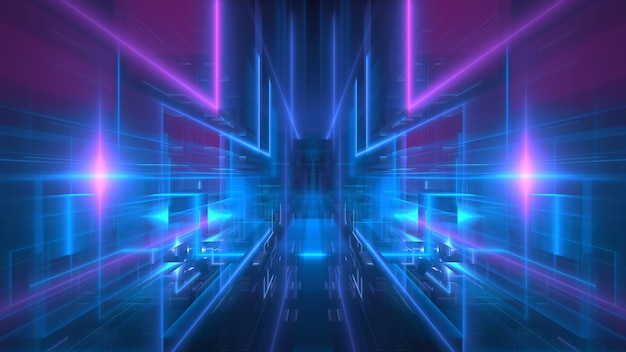 El cautivador túnel de luz digital muestra audaces tonos de neón azul y púrpura creando una experiencia inmersiva de profundidad y movimiento que recuerda a la tecnología futurista 3D.