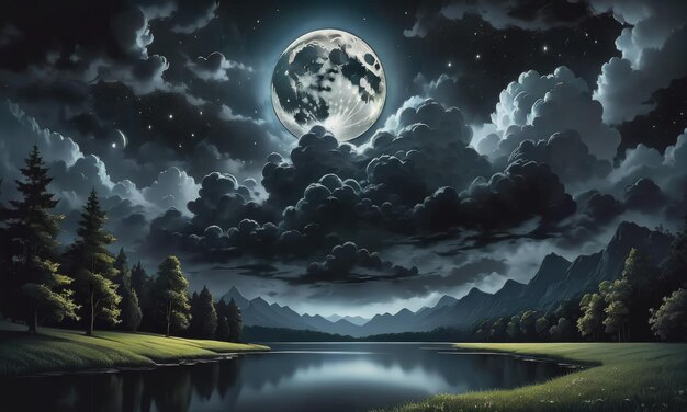 la cautivadora belleza de una luna luminosa que brilla a través de las oscuras nubes negras en el cielo nocturno