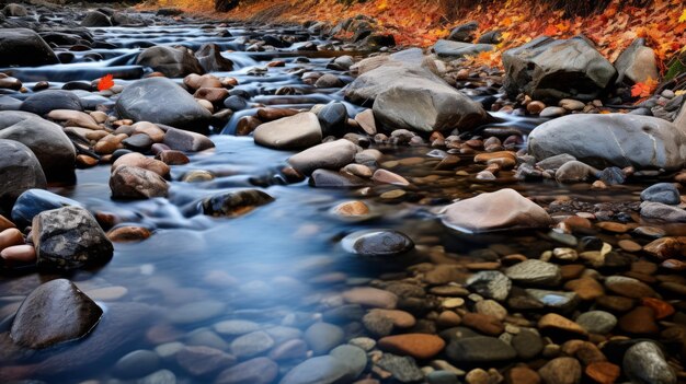 La cautivadora corriente del río de otoño con coloridas rocas