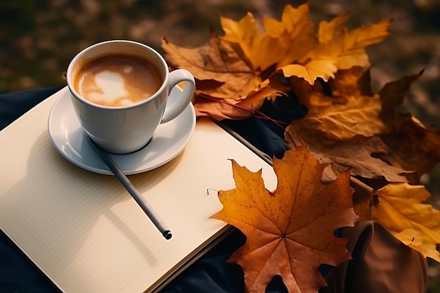 Una cautivadora escena de otoño Cuaderno de café y pegatinas entre las vibrantes hojas de otoño en el parque