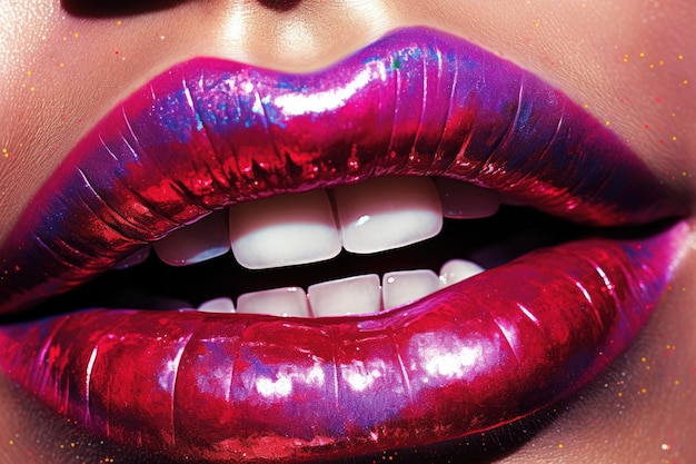 Una cautivadora foto de primer plano que muestra el brillo vibrante de los labios de una mujer adornados con lápiz labial brillante Ilustración Ultracloseup de los lápices labiales de una mujer con lápizi labial vívido y brillo Generado por IA