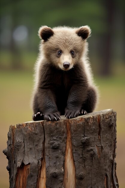 Una cautivadora foto vertical de un adorable bebé oso explorando su encantador hogar en el bosque