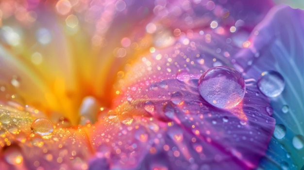 Una cautivadora fotografía macro de gotas de rocío refractando la luz del sol en la delicada superficie de una flor de la gloria matinal creando un prisma de colores