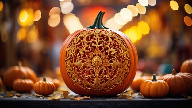 Una cautivadora fotografía de primer plano de una calabaza naranja brillante con tallas intrincadas