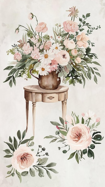Una cautivadora ilustración en acuarela con flores de estilo minimalista y boho chic con oro