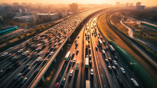 Una cautivadora imagen aérea de una concurrida carretera que muestra la perfecta orquestación del transporte urbano