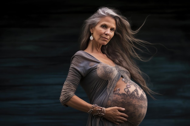 Foto esta cautivadora imagen retrata la fuerza y belleza de una mujer embarazada de unos 50 años.