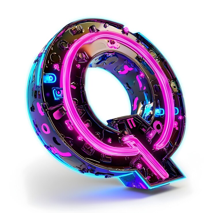 Foto la cautivadora letra q de neón 3d con un diseño futurista vibrante