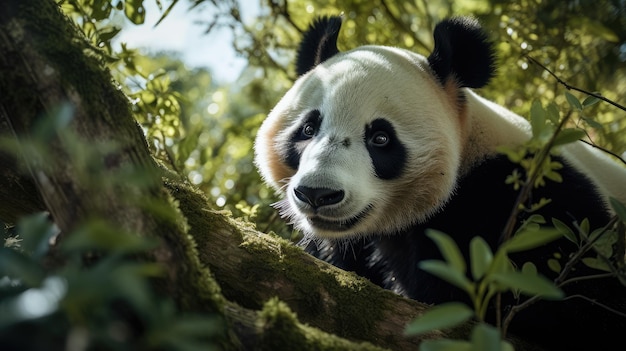 Foto la cautivadora mirada de un panda gigante en la exuberante vegetación un símbolo de esperanza ia generativa