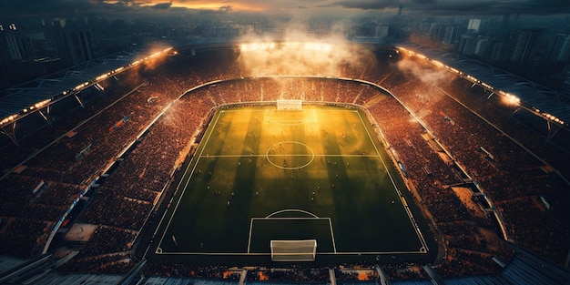 Cautivadora vista aérea de arriba hacia abajo de un estadio de fútbol lleno de gente en la noche IA IA generativa