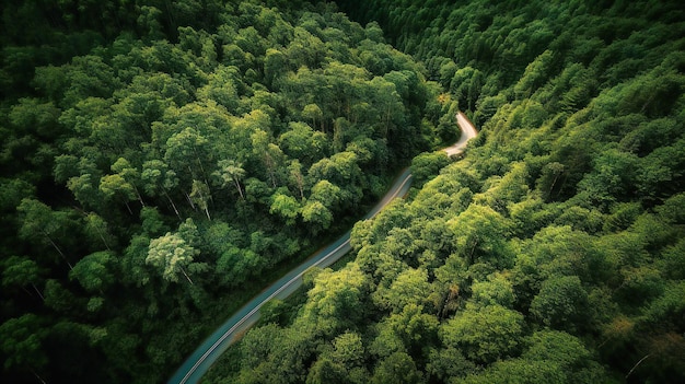 Una cautivadora vista aérea de un sinuoso camino que atraviesa un denso bosque que invoca la emoción de la exploración y la belleza de la naturaleza.