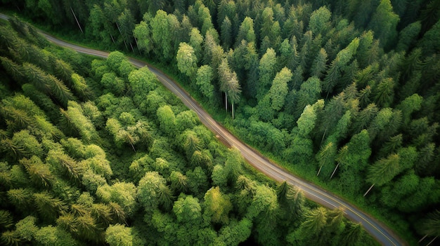 Una cautivadora vista aérea de un sinuoso camino que atraviesa un denso bosque que invoca la emoción de la exploración y la belleza de la naturaleza.