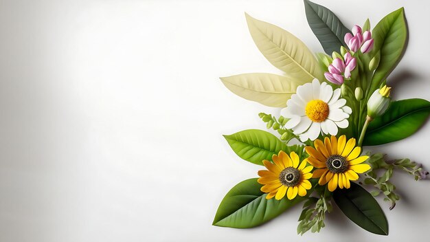 Cautivadoras flores de primavera y hojas sobre fondo blanco Abraza la belleza de la naturaleza