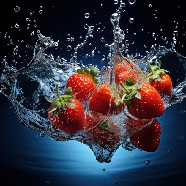 Cautivadoras gotas de agua con salpicaduras de fresa en una IA generativa de fresa