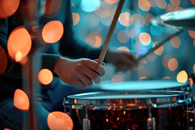 Las cautivadoras luces bokeh rodean a un apasionado baterista tocando en un estudio de una banda