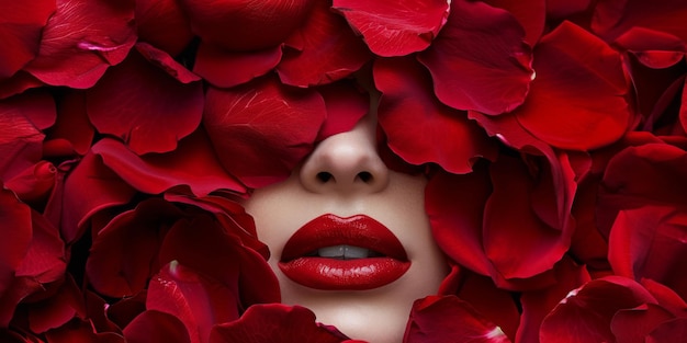 Los cautivadores pétalos de rosas rojas y los audaces labios rojos desprenden elegancia