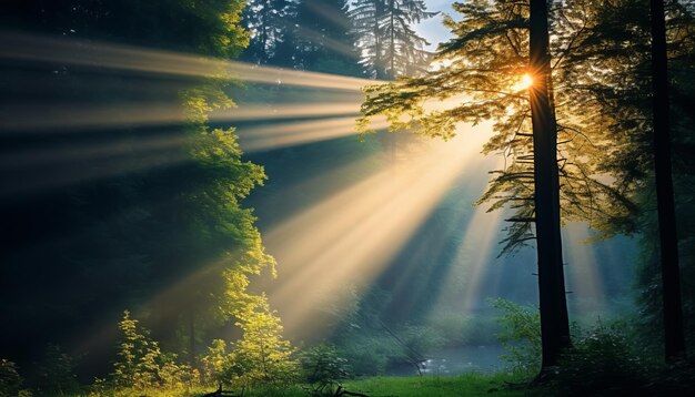 Los cautivadores rayos de sol filtrándose a través de un bosque místico de niebla con impresionantes rayos de luz solar