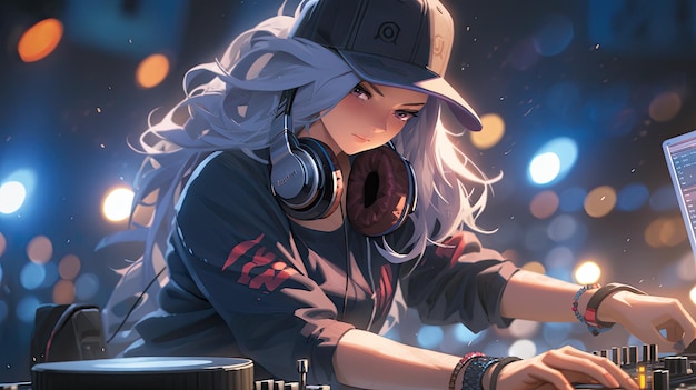 Cautivante estilo anime Lofi DJ Girl en el país de las maravillas del arte digital japonés Kawaii