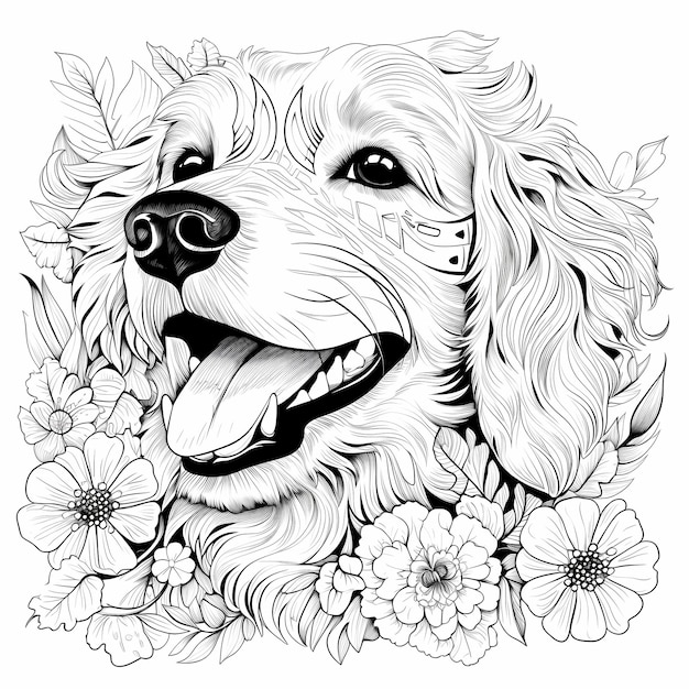 Cautivante libro para colorear para adultos en blanco y negro con un simpático perro