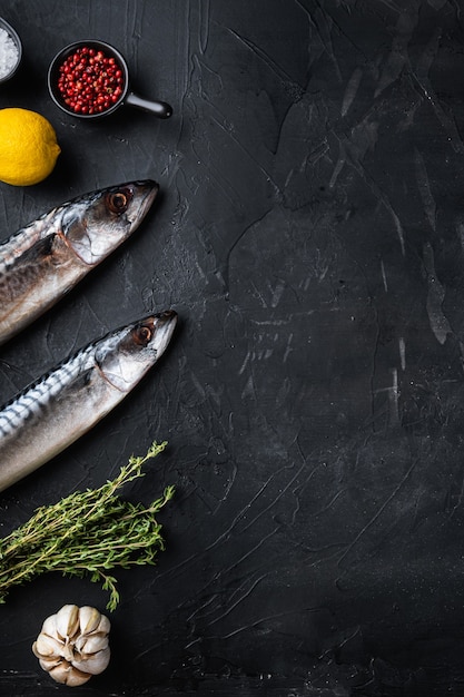 Cavala crua com ingredientes em preto, vista superior com espaço de cópia