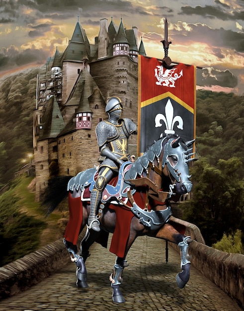 Cavaleiro a cavalo no fundo da ilustração 3d do castelo