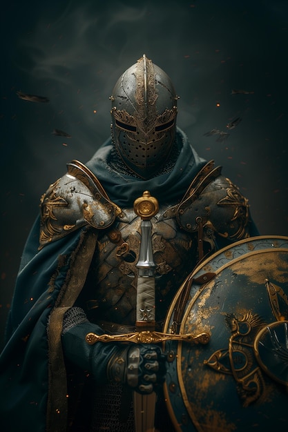 cavaleiro arrafado em armadura completa segurando uma espada e escudo generativo ai