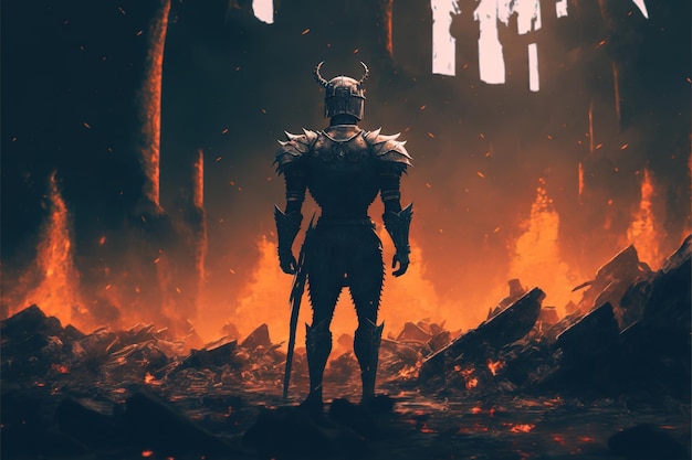Cavaleiro com arma Cavaleiro com espadas gêmeas em pé sobre os escombros de uma cidade queimada Pintura de ilustração de estilo de arte digital