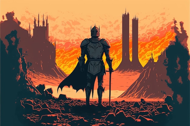 Cavaleiro com arma Cavaleiro com espadas gêmeas em pé sobre os escombros de uma cidade queimada Pintura de ilustração de estilo de arte digital