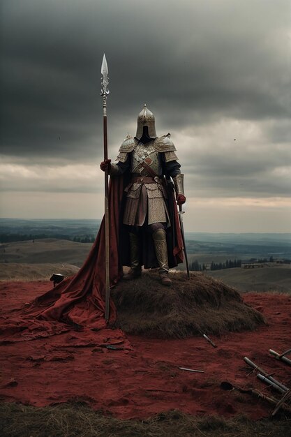 Cavaleiro com espada no campo de batalha com nuvens escuras sangue e dor da guerra