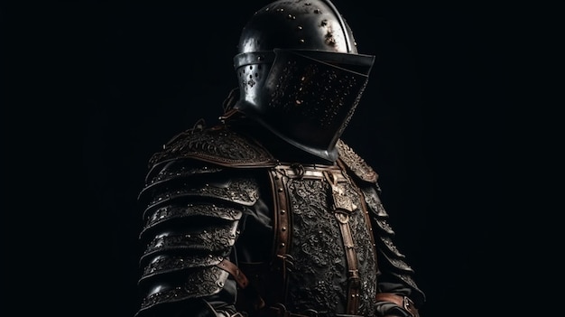 Foto cavaleiro de armadura em um fundo preto retrato de um guerreiro medieval generative ai