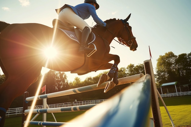 Foto cavaleiro de azul liderando o cavalo sobre um salto de boi iluminado pelo sol