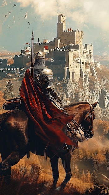 Foto cavaleiro de rpg de fantasia em frente a um castelo medieval