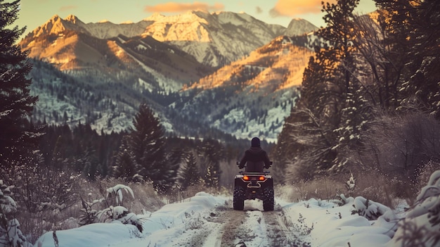 Cavaleiro em ATV desfrutando de uma trilha de montanha coberta de neve ao pôr do sol