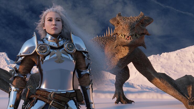 Cavaleiro guerreiro feminino de cabelos brancos fica com uma espada desenhada e um dragão atrás contra o pano de fundo de montanhas cobertas de neve Cena de arte de fantasia animação CGI renderização em 3d