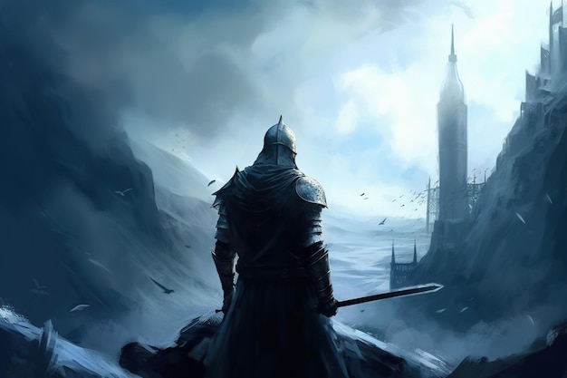 Cavaleiro guerreiro medieval viaja por terras misteriosas O cavaleiro vai para o castelo em ruínas
