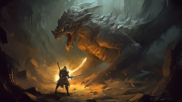 Cavaleiro lutando contra um dragão Conceito de fantasia Ilustração pintura Generative AI