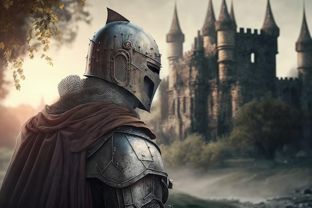 Cavaleiro medieval com armadura e castelo ao fundo paisagem medieval com cavaleiro ao pôr do sol AI