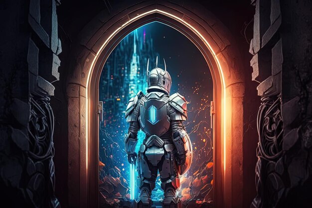 Cavaleiro medieval em armadura em frente ao portal místico Generative AI